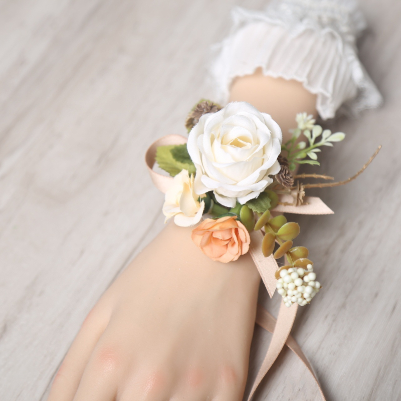 Esküvői csuklós csokor, koreai stílus, selyem virág, kézzel készített, logó nyomtatás elérhető