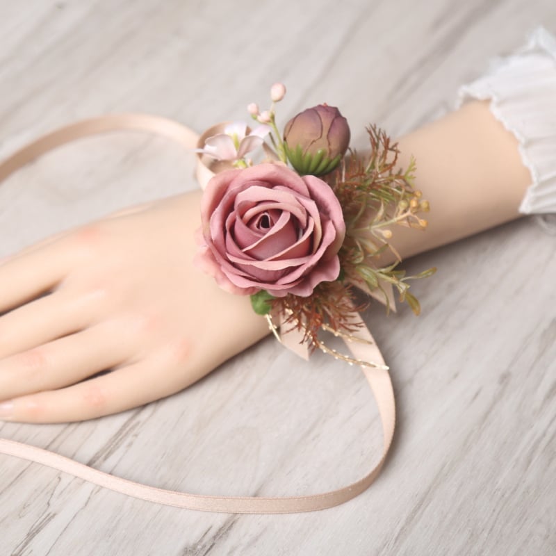 Esküvői csuklós csokor, koreai stílus, selyem virág, kézzel készített, logó nyomtatás elérhető