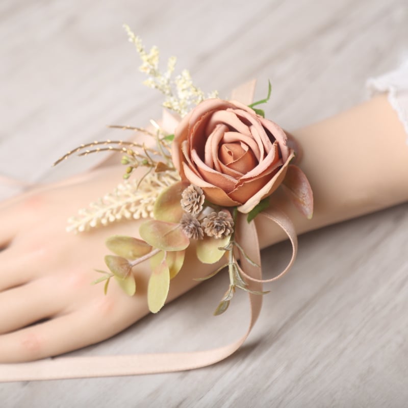 Esküvői csuklós csokor, koreai stílus, selyem virág, kézzel készített, logó nyomtatás elérhető