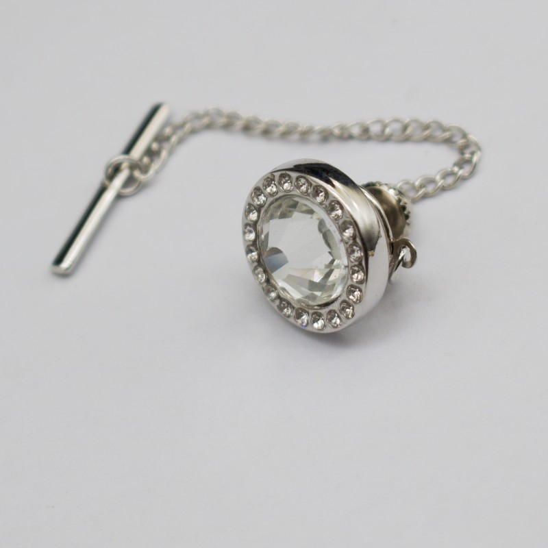 Briti stiilis lipsuklips kravatile, vase materjal, unisex, ümmargune–nelinurkne kujuline, elektroplatiinatsioon, valge kristall, mosaiik segu alumiiniumist kunstkivega