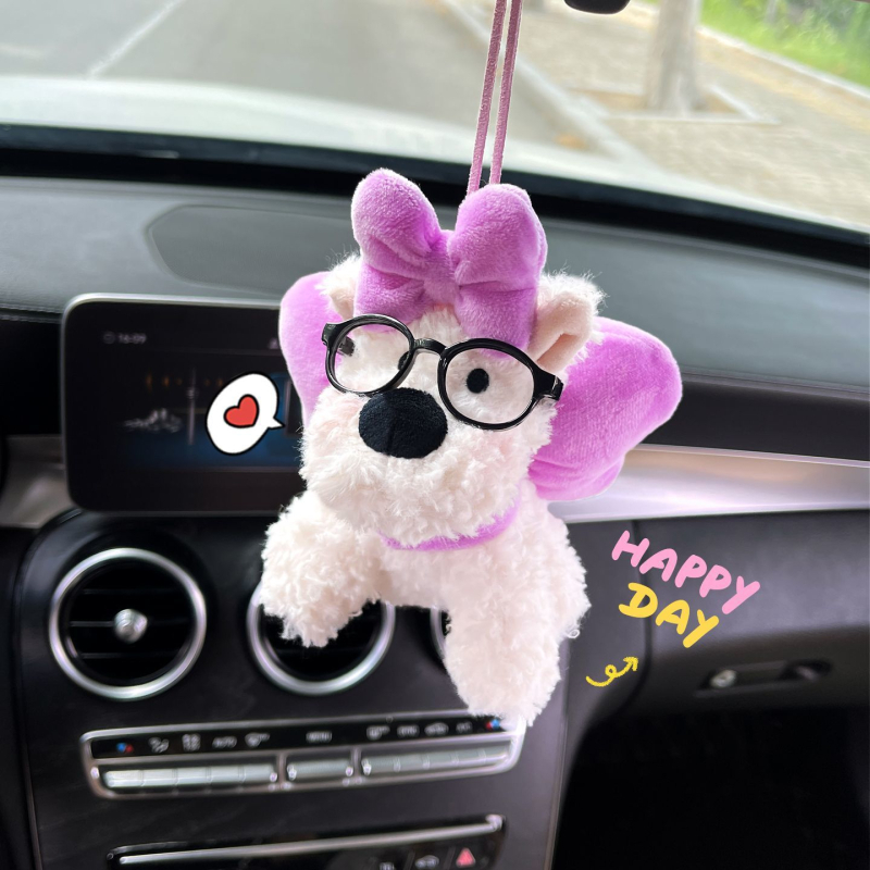 West Highland Puppy plīša auto rotājums priekš atpakaļskata spoguļa, karikatūras stils, iekšējā dekors