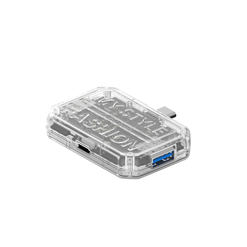 Stație docking USB-C 3-in-1, carcasă transparentă, hub cu 3 porturi, USB 3.0, 5Gbps, alimentare prin bus