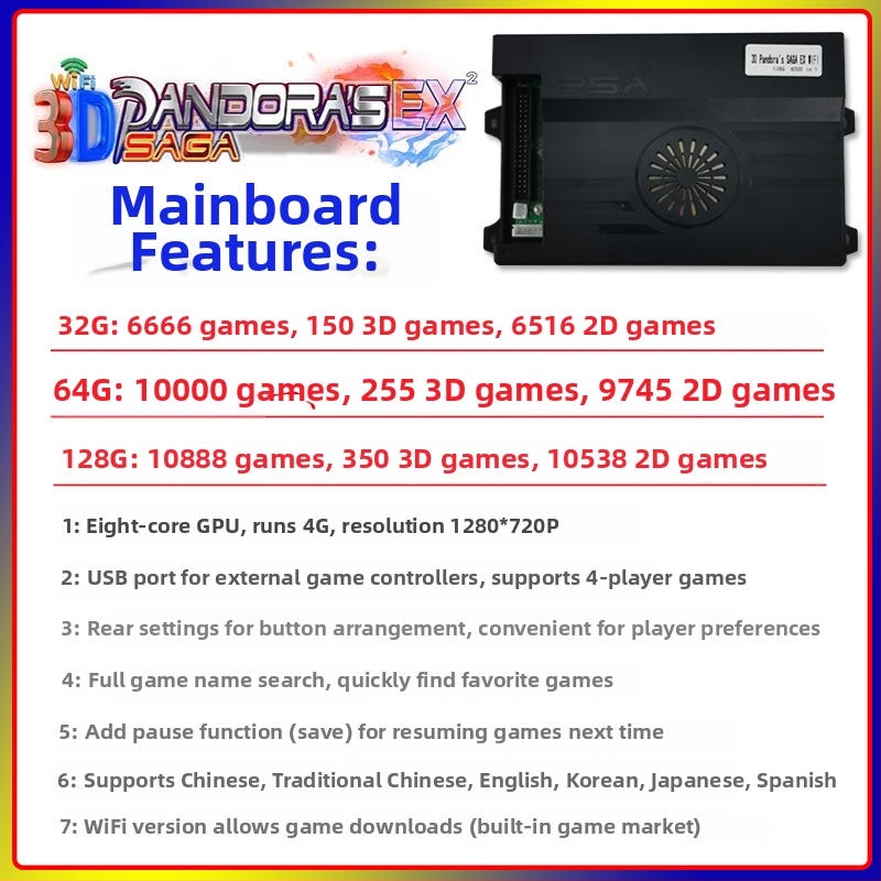 Arcade spēļu mātesplate 3D Pandora EX – Android, 128 GB atmiņa, HDMI/VGA/USB interfeisi, Paperback spēles versija, Nostalģisks vēja stils