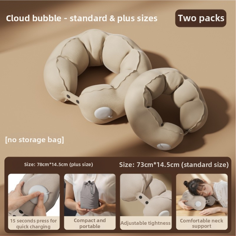 U-oblike napuhivački jastuk za vrat za putovanja, lagan i kompaktan, PVC flocking navlaka, kemijska vlakna, napuh gas, težina 0.5-1.0 kg