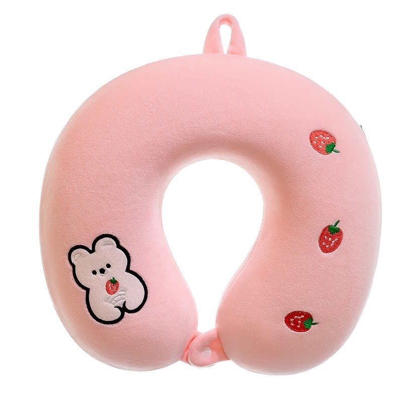 Perne de gât în formă de U, umplutură memory foam, material tricotat, design cu personaje Kuromi, Strawberry Bear și Kitty Cat, pentru adulți, cu funcție de depozitare