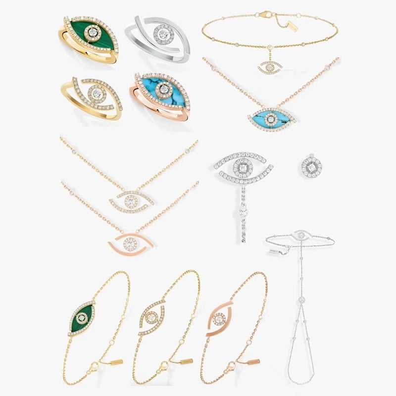 Set de bijuterii: Geometric Lucky Eye, colier cu lanț încrucișat, pandant cu pietre mixte, cercei + colier + brățară