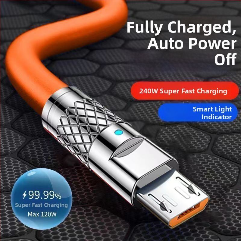 Griežams Android ātrās uzlādes kabelis ar LED 240W, piemērots Huawei, Honor, Xiaomi un ViOP spēļu tālruņiem