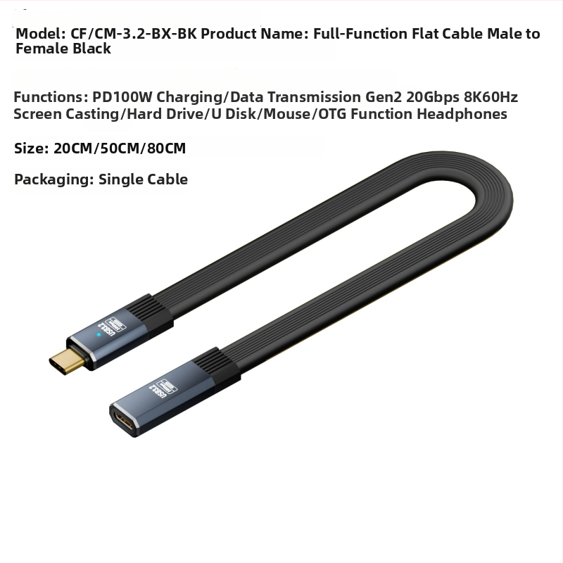 USB-C adatkábél, férfi–női, 20Gbps átviteli sebesség, USB 3.1 gyors töltés, modell CF/CM-3.2-BX, One Core Industrial