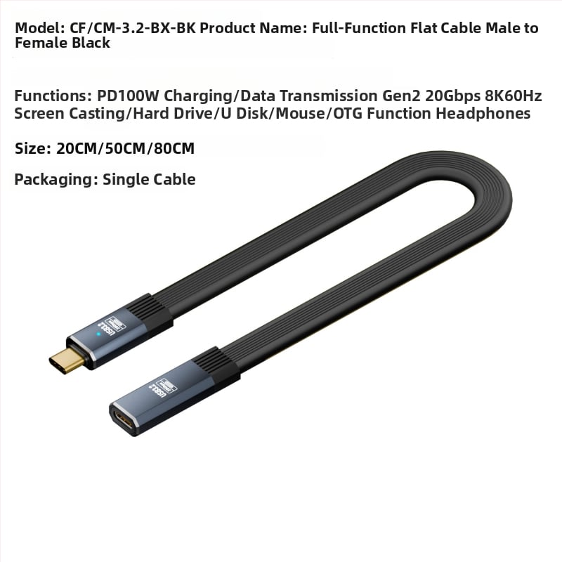 USB-C adatkábél, férfi–női, 20Gbps átviteli sebesség, USB 3.1 gyors töltés, modell CF/CM-3.2-BX, One Core Industrial