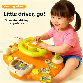 Игрален волан за количка – светлинни ефекти, музика/глас и игри за родител-дете; пластмасов материал; захранване с сухи батерии; подходящ за деца 0–3 години