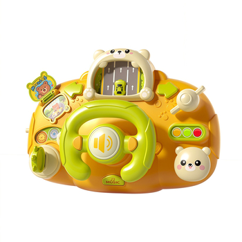 Игрален волан за количка – светлинни ефекти, музика/глас и игри за родител-дете; пластмасов материал; захранване с сухи батерии; подходящ за деца 0–3 години