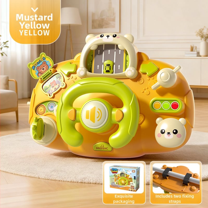 Игрален волан за количка – светлинни ефекти, музика/глас и игри за родител-дете; пластмасов материал; захранване с сухи батерии; подходящ за деца 0–3 години