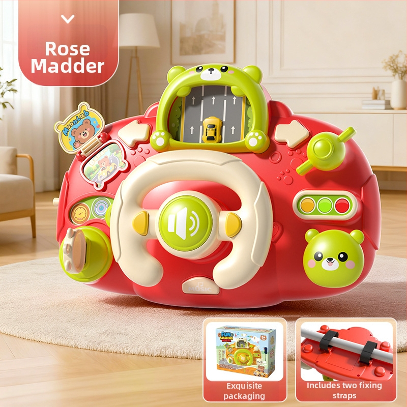 Игрален волан за количка – светлинни ефекти, музика/глас и игри за родител-дете; пластмасов материал; захранване с сухи батерии; подходящ за деца 0–3 години