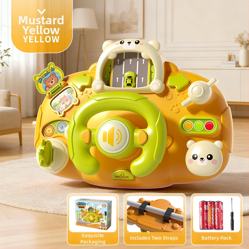 Игрален волан за количка – светлинни ефекти, музика/глас и игри за родител-дете; пластмасов материал; захранване с сухи батерии; подходящ за деца 0–3 години