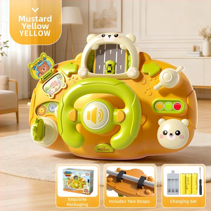 Игрален волан за количка – светлинни ефекти, музика/глас и игри за родител-дете; пластмасов материал; захранване с сухи батерии; подходящ за деца 0–3 години