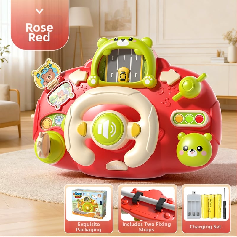 Игрален волан за количка – светлинни ефекти, музика/глас и игри за родител-дете; пластмасов материал; захранване с сухи батерии; подходящ за деца 0–3 години