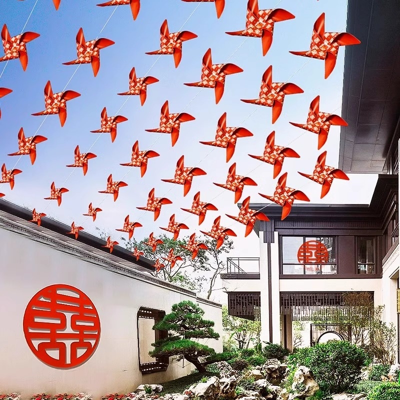 Ghirlandă de steaguri pentru nuntă cu simbolul fericirii și felinare‑vânturi de morișcă | țesătură Chun yafang | imprimare digitală | fără băț de steag