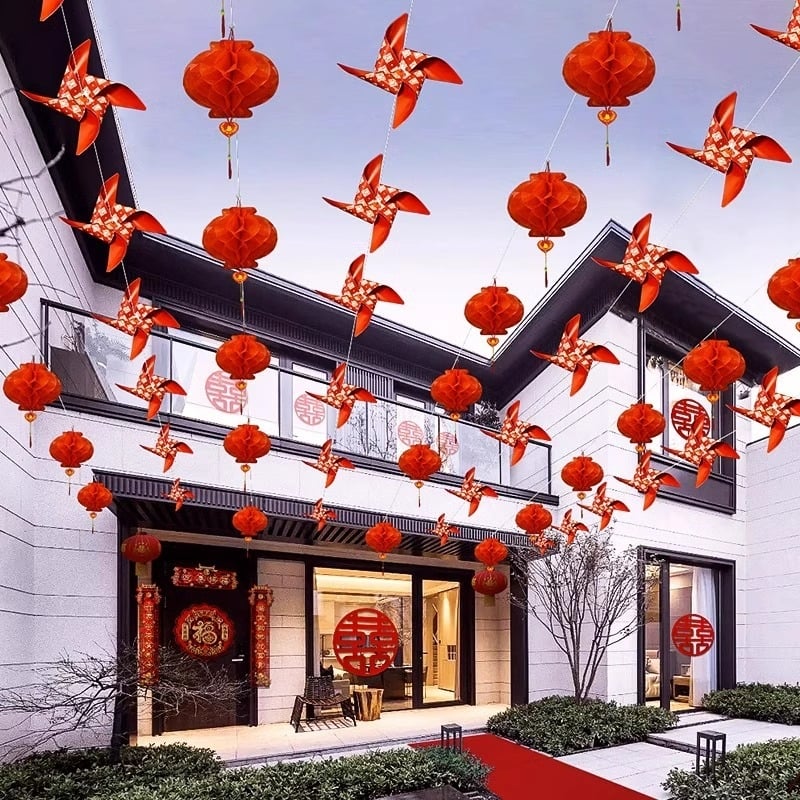 Ghirlandă de steaguri pentru nuntă cu simbolul fericirii și felinare‑vânturi de morișcă | țesătură Chun yafang | imprimare digitală | fără băț de steag