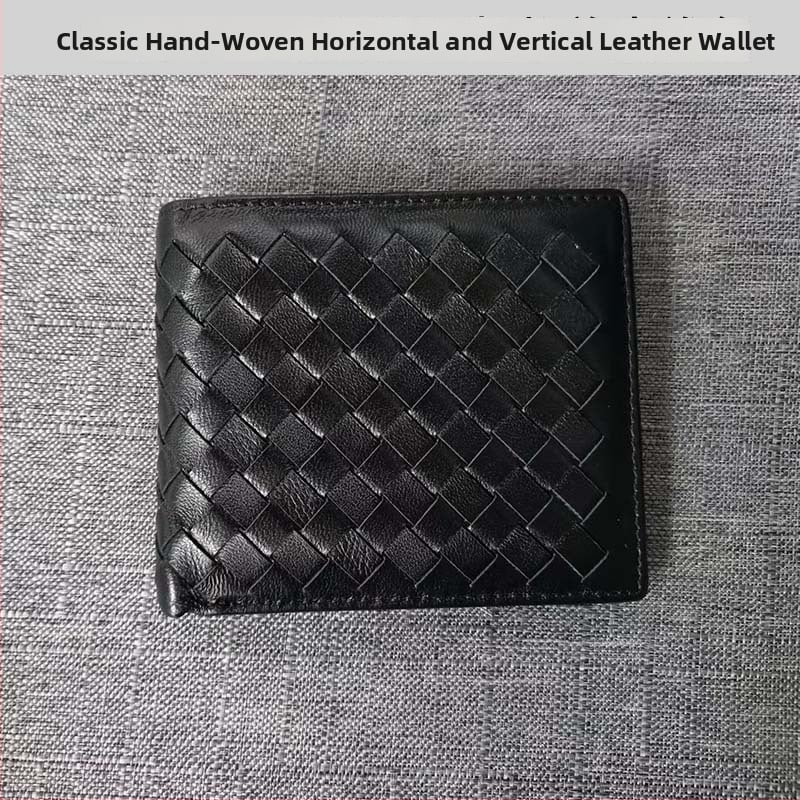 Vyrinė trumpa odinė piniginė su rankų austu avies odos įdėklu, plonas dviejų skyrių dizainas