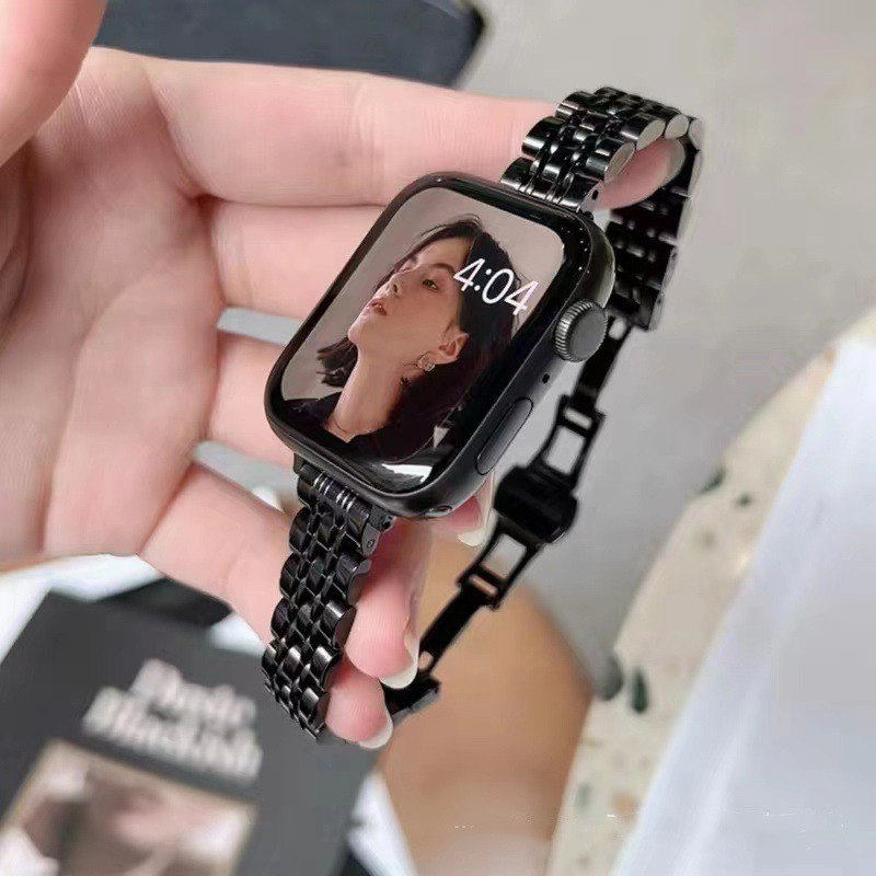 Apple Watch szíj rozsdamentes acélból, masszív dizájn, pillangó csattal, letisztult stílus