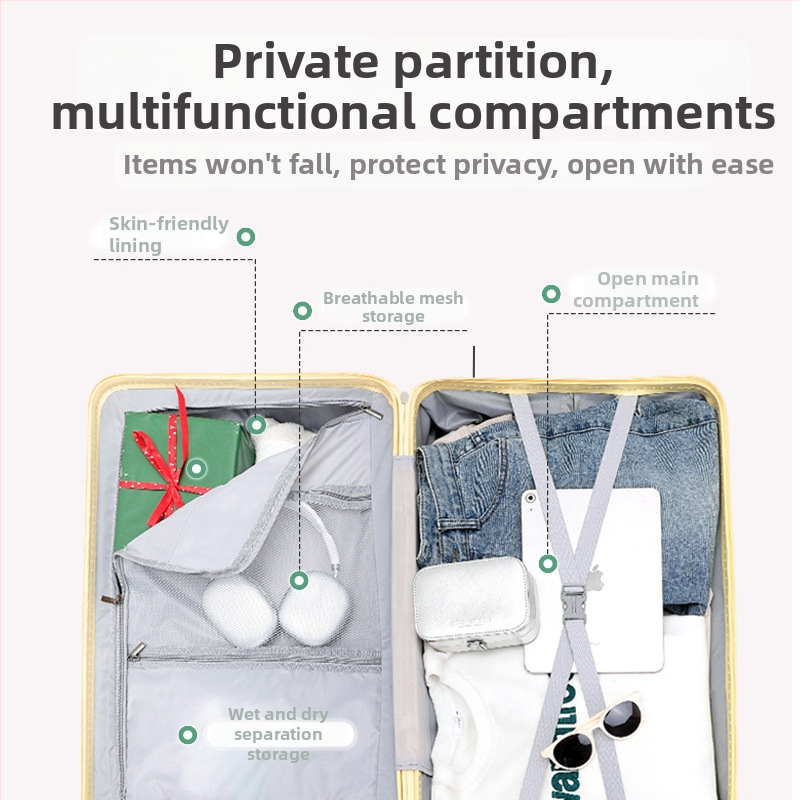 Cestovný kufor - viacfunkčný, ABS+PC materiál, vodeodolný a odolný voči opotrebeniu, s univerzálnymi kolieskami, zapínanie na zips, vhodný na palubnú batožinu, hmotnosť 4 kg