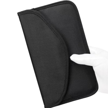 RFID szűrős mobiltelefon tok, Oxford vászon, fedő típusú nyitás, kártyatartó rekesz, ovális forma, szintetikus bőr belső