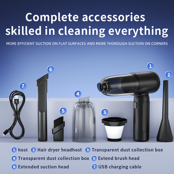 Bezvadu putekļu sūcējs gan mājai, gan auto – rokas vadāms, 90W, iekšējā akumulatora 4000–5000 mAh, sūkšanas jauda 10,1–15 kPa, trokšņa līmenis <36 dB