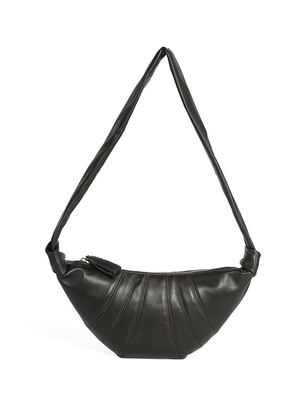 Унисекс чанта през рамо в стил кроасан, от кожа от горния слой с текстура овча кожа, цип за затваряне, подплата от плат