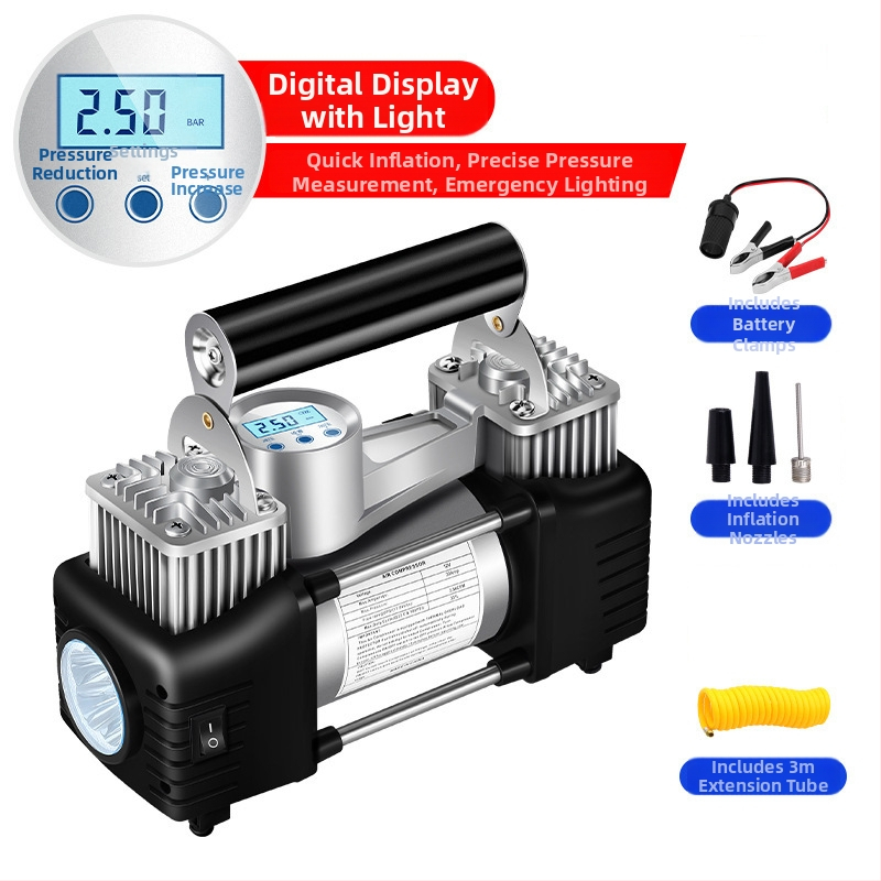 Prenosná elektrická dvojvalcová pumpa na pneumatiky pre auto s digitálnym displejom, 12V, 180W, 45 L/min, 3 m kábel