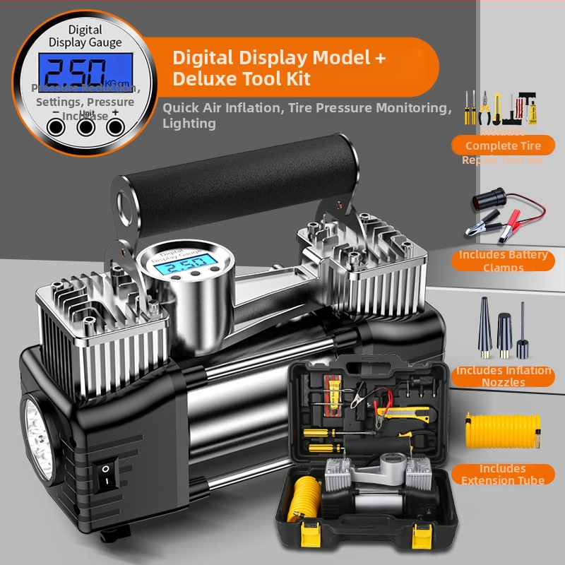 Prenosná elektrická dvojvalcová pumpa na pneumatiky pre auto s digitálnym displejom, 12V, 180W, 45 L/min, 3 m kábel
