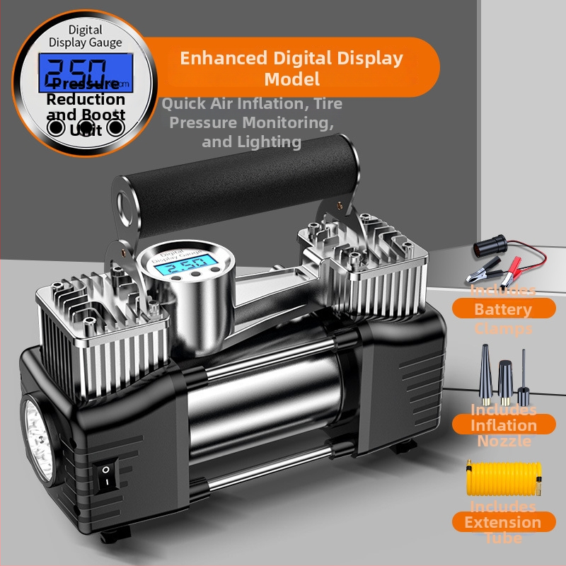 Prenosná elektrická dvojvalcová pumpa na pneumatiky pre auto s digitálnym displejom, 12V, 180W, 45 L/min, 3 m kábel