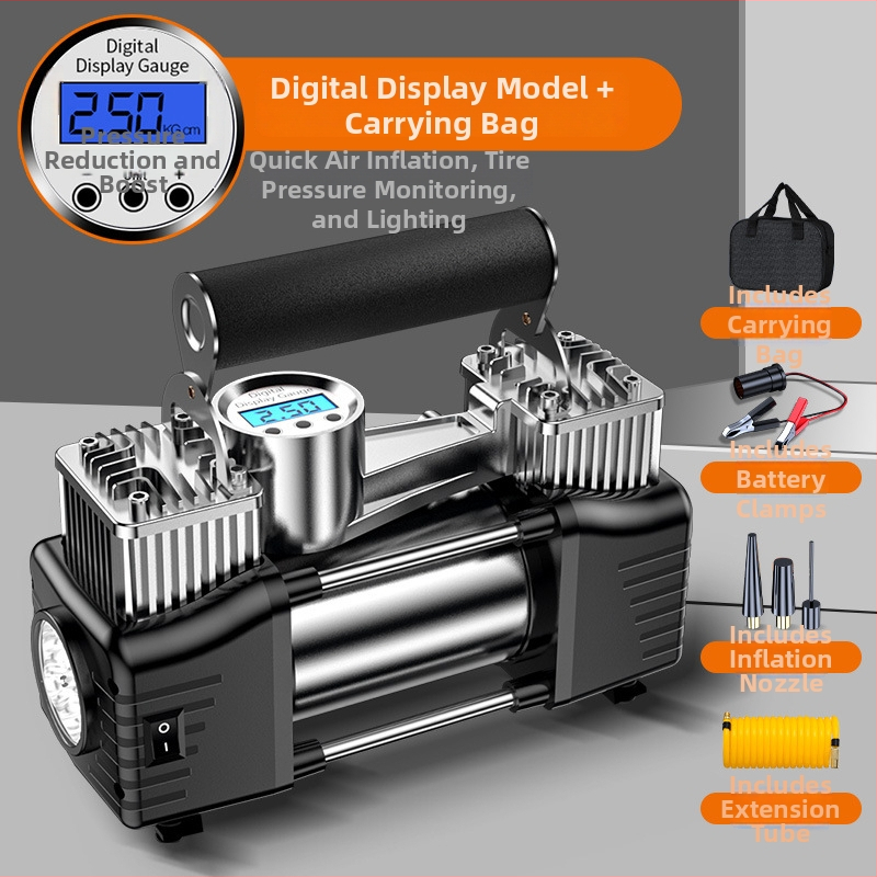 Prenosná elektrická dvojvalcová pumpa na pneumatiky pre auto s digitálnym displejom, 12V, 180W, 45 L/min, 3 m kábel