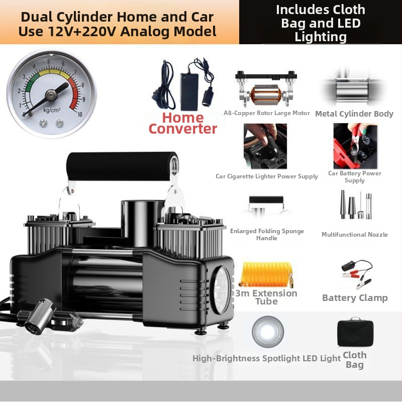 Automobilska pumpa za zrak, 12V, 220W, dvocilindrična, digitalni zaslon, univerzalna za automobile, SUV i poljoprivredna vozila