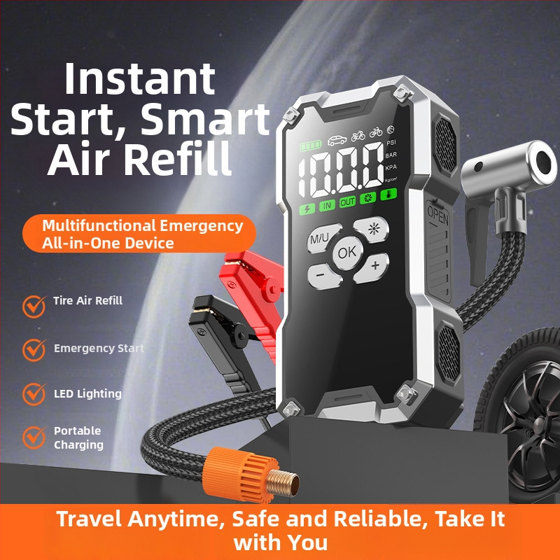 Prijenosni sustav za nužno pokretanje automobila s ugrađenom pumpom, LED svjetlom i tlakomjerom (12V, 120W, 35 L/min, Punjivo, Digitalni prikaz)