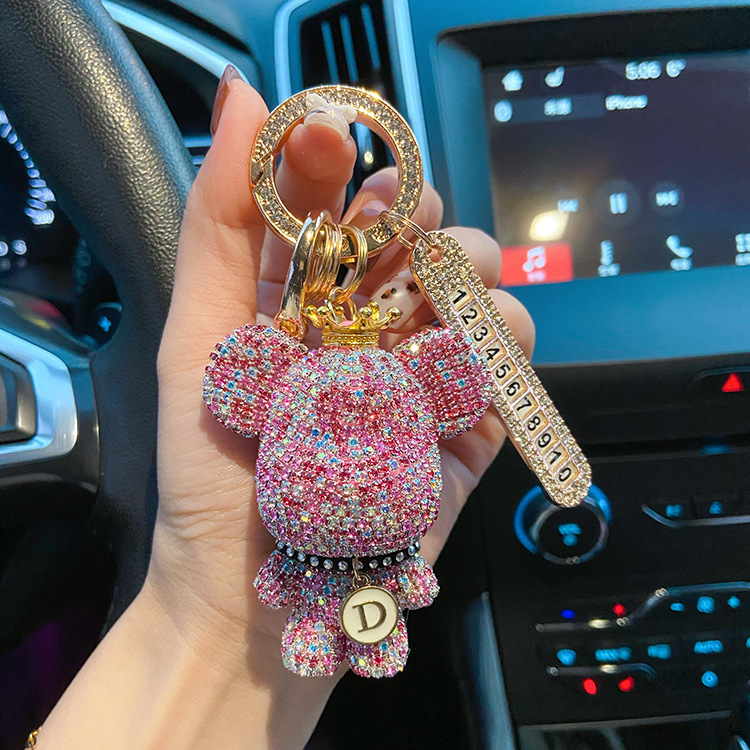 Kljucni lanac za auto s dijamantnom kronom i dizajnom Violent Bear, metal/kristali, zaštita od gubitka