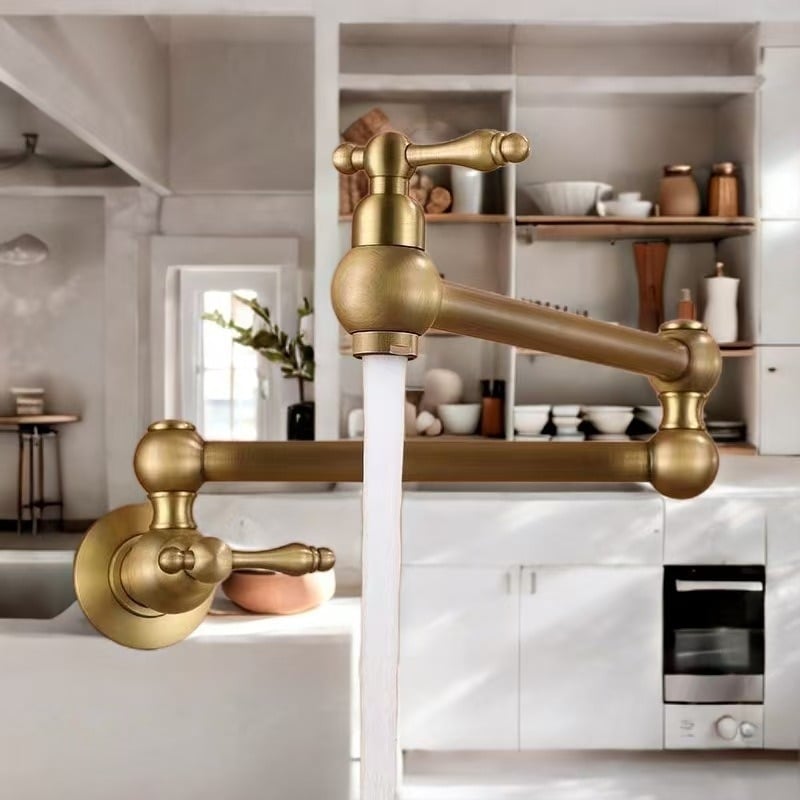 Réz konyhai falra szerelt hajtogatható-teleszkópos forgó csap, kerámiás szeleppel, be-/kimeneti átmérők 1/2, 3/8, 9/16