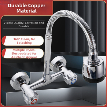 Fali konyhai csaptele kettős vezérléssel, réz test, beépített kivitel, DN15 négy csatlakozás, teljes réz szelepekkel, modern stílus