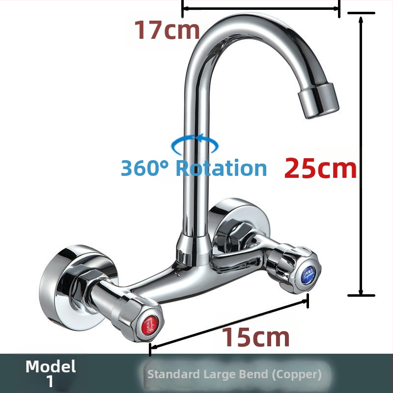 Fali konyhai csaptele kettős vezérléssel, réz test, beépített kivitel, DN15 négy csatlakozás, teljes réz szelepekkel, modern stílus