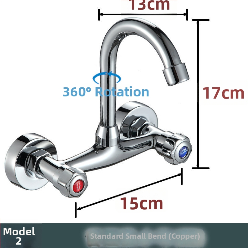 Fali konyhai csaptele kettős vezérléssel, réz test, beépített kivitel, DN15 négy csatlakozás, teljes réz szelepekkel, modern stílus