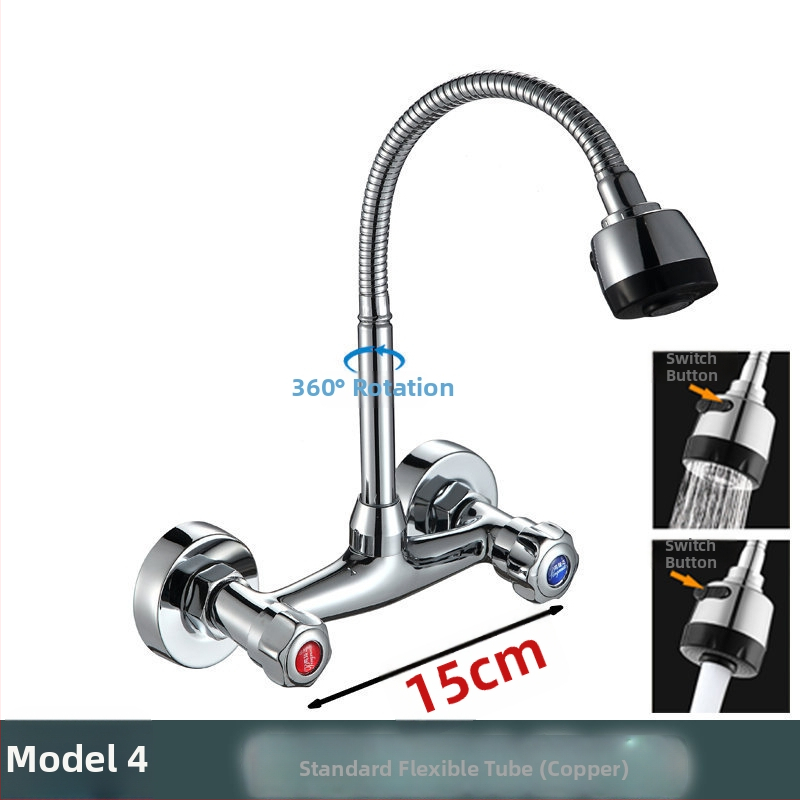 Fali konyhai csaptele kettős vezérléssel, réz test, beépített kivitel, DN15 négy csatlakozás, teljes réz szelepekkel, modern stílus