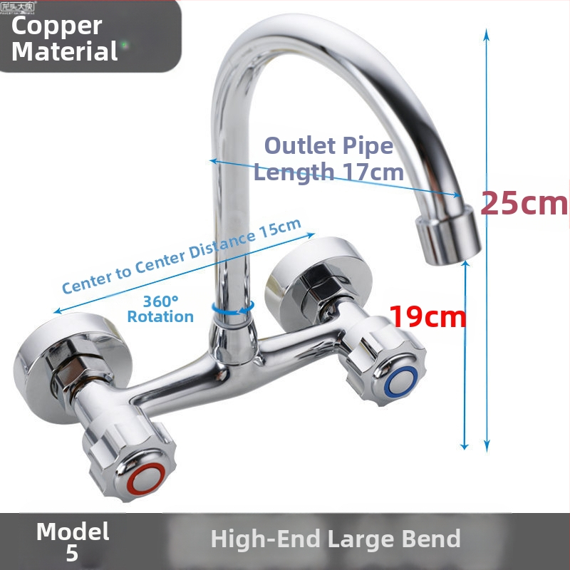 Fali konyhai csaptele kettős vezérléssel, réz test, beépített kivitel, DN15 négy csatlakozás, teljes réz szelepekkel, modern stílus