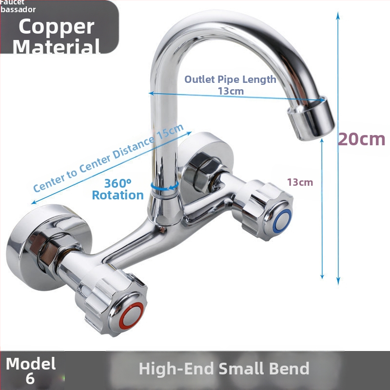 Fali konyhai csaptele kettős vezérléssel, réz test, beépített kivitel, DN15 négy csatlakozás, teljes réz szelepekkel, modern stílus