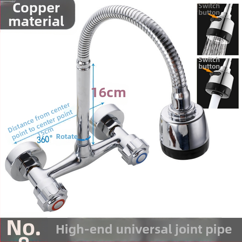 Fali konyhai csaptele kettős vezérléssel, réz test, beépített kivitel, DN15 négy csatlakozás, teljes réz szelepekkel, modern stílus