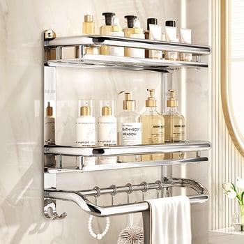 Ράφι αποθήκευσης μπάνιου με στερέωση στον τοίχο, 3 επίπεδα, από ανοξείδωτο ατσάλι 304, γυαλιστερή επιφάνεια, εγκατάσταση χωρίς διάτρηση