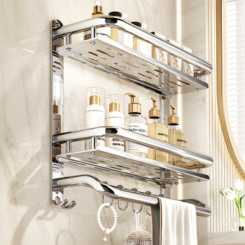 Ράφι αποθήκευσης μπάνιου με στερέωση στον τοίχο, 3 επίπεδα, από ανοξείδωτο ατσάλι 304, γυαλιστερή επιφάνεια, εγκατάσταση χωρίς διάτρηση