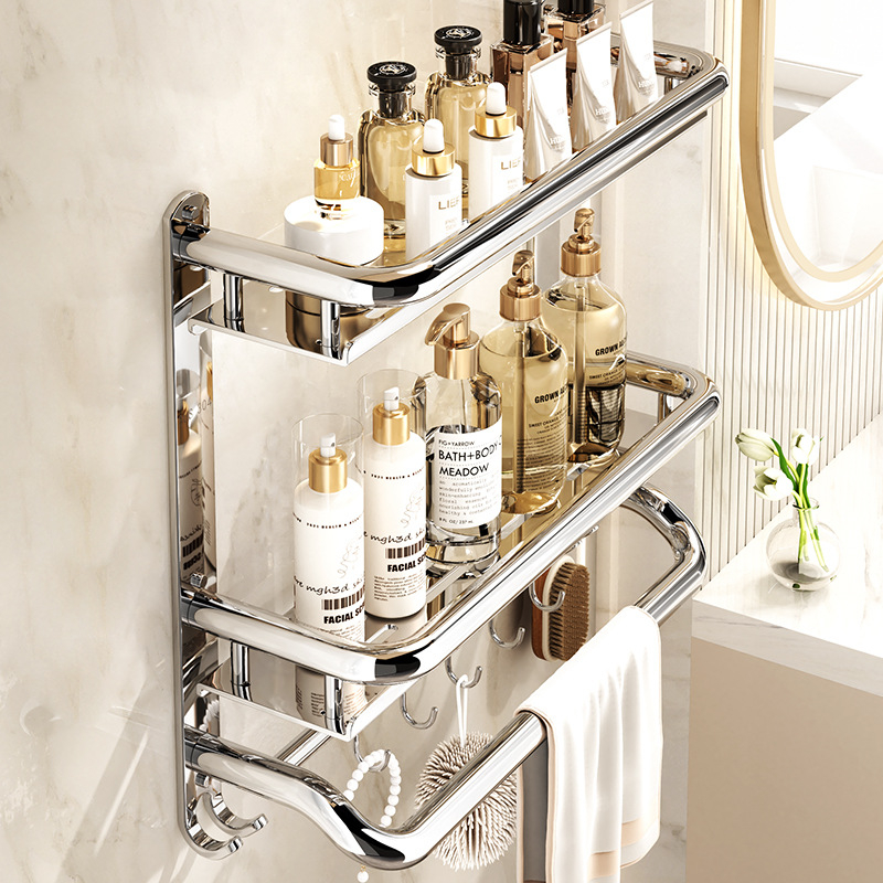 Ράφι αποθήκευσης μπάνιου με στερέωση στον τοίχο, 3 επίπεδα, από ανοξείδωτο ατσάλι 304, γυαλιστερή επιφάνεια, εγκατάσταση χωρίς διάτρηση