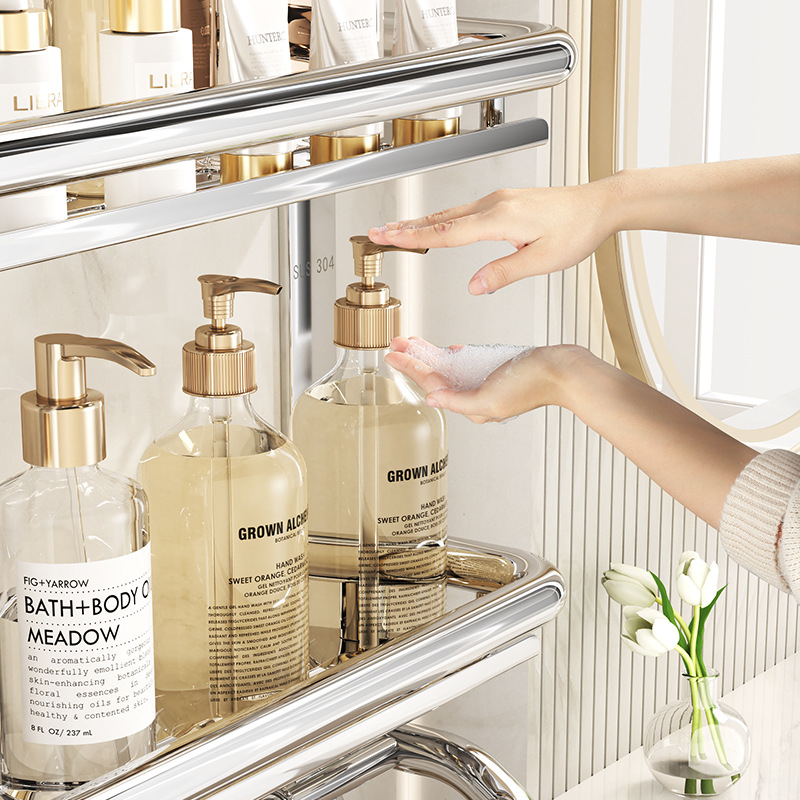 Ράφι αποθήκευσης μπάνιου με στερέωση στον τοίχο, 3 επίπεδα, από ανοξείδωτο ατσάλι 304, γυαλιστερή επιφάνεια, εγκατάσταση χωρίς διάτρηση