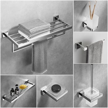 Set suport prosoape din oțel inoxidabil 304, țeavă pătrată cu două niveluri, finisaj lustruit, încărcare 20 kg, design modern