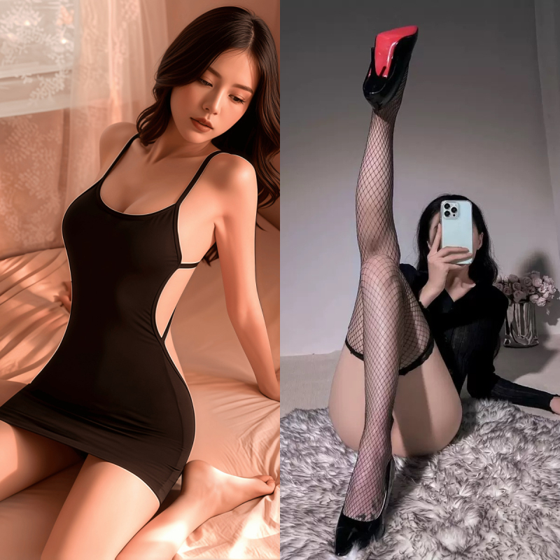 Set de lenjerie cu bretele – design transparent cu crot deschis, set în stil uniform pentru femei, poliester 90–95%