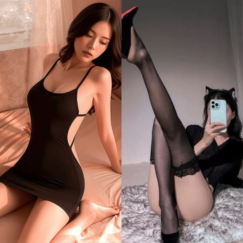 Set de lenjerie cu bretele – design transparent cu crot deschis, set în stil uniform pentru femei, poliester 90–95%